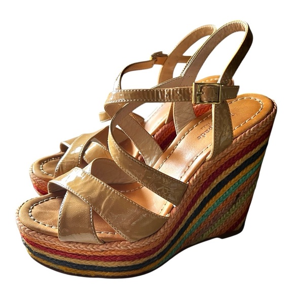 Kate Spade 7 Rainbow Patent Leather Boho Chic Summer Festival Espadrille Wedges - Picture 1 of 12